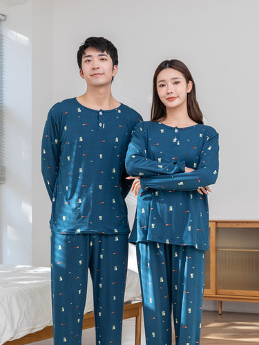 따뜻한 피치기모 잠옷 블루여우 커플 홈웨어 세트