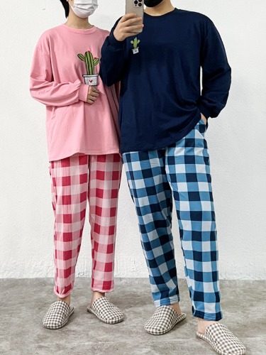 겨울 쫀득한 커플 잠옷 세트 양면기모 따뜻한 홈웨어 선인장